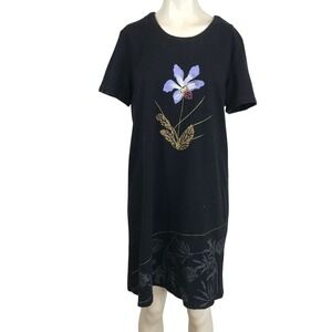 ISLAND ATTITUDES- WOMEN'S M/L - BLACK FLORAL SHORT SLEEVE ROUND NECK DRESS